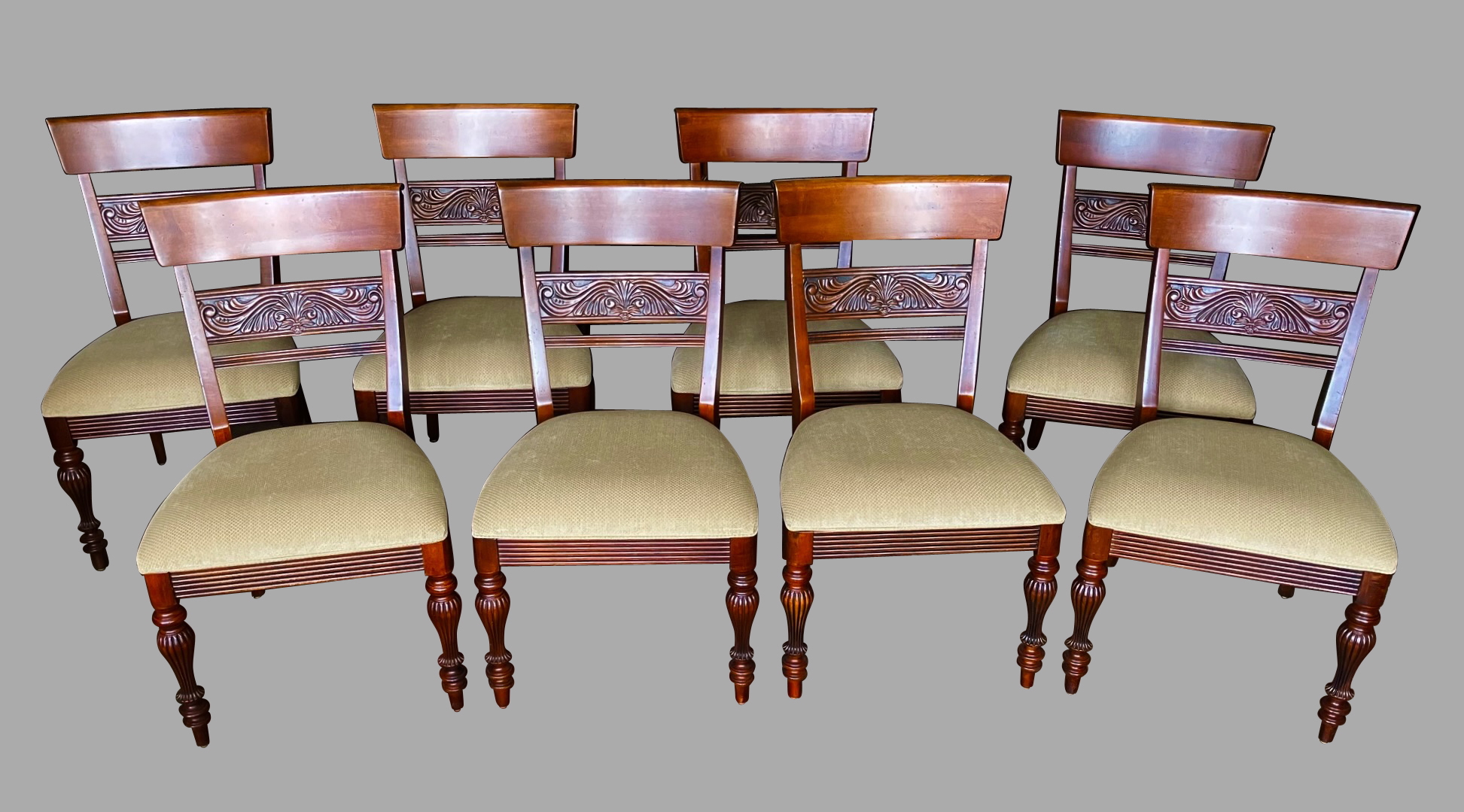 Set of 8 Upholstered Dining Chairs in the Regency Taste | DANIEL STEIN Antiques San Francisco CA